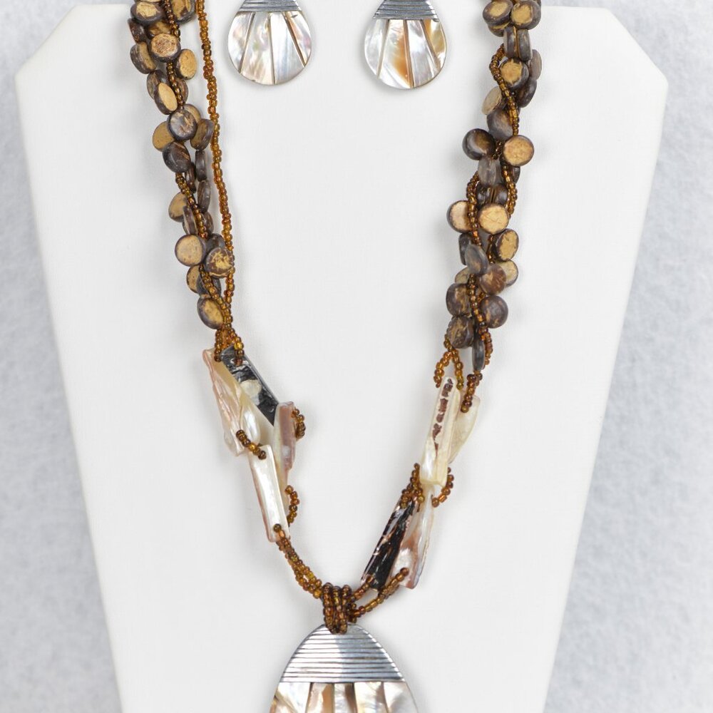 Artisan Shell & Beaded Necklace 24" & Pierced Earring 2" Set
